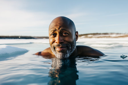 Middle-aged Arabic man takes a swim in a glacial lake, surrounded by floating ice, under sunlightの素材