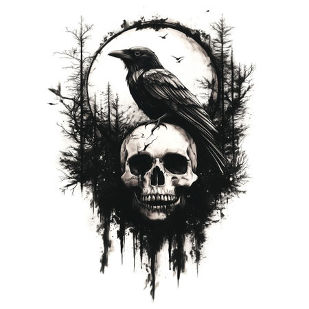 This close-up artwork features a raven on a skull surrounded by dark, abstract patterns and branches, showcasing a gothic styleの素材