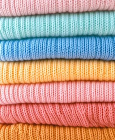 Cozy knitted sweaters in pastel pink, blue, and yellow are neatly stacked, offering warmth for the winter season.の素材