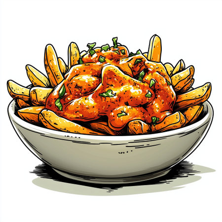 A vector illustration shows a bowl of crispy fries topped with chili and melted cheese against a white background.の素材