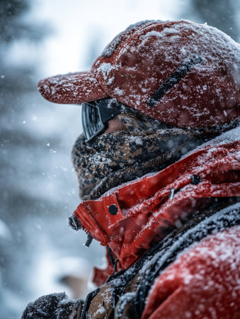 A hiker in a red winter jacket gazes into the snowy forest amidst swirling snowflakes on a cold day.の素材