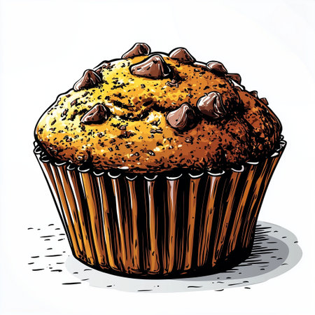 This illustration shows a detailed chocolate chip muffin on a white background, highlighting its texture and toppings.の素材