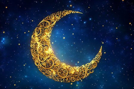 A large illuminated crescent moon sculpture adorned with stars glows beautifully against a deep blue sky.の素材