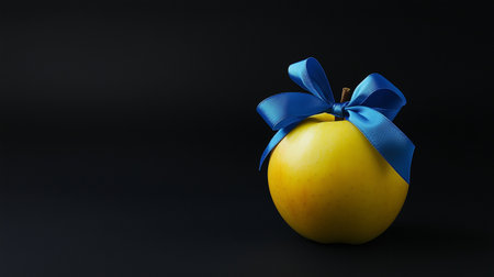 A yellow apple adorned with a blue ribbon sits on a dark backdropの素材