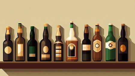 A collection of bottles arranged on wooden shelves showing different shapes and sizes with minimalistic labelsの素材