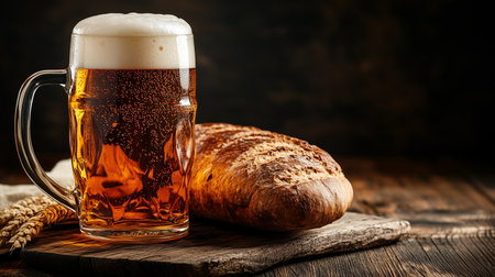 A mug of amber craft beer beside a loaf of artisan bread on a wooden surface with wheat stalks in the backgroundの素材