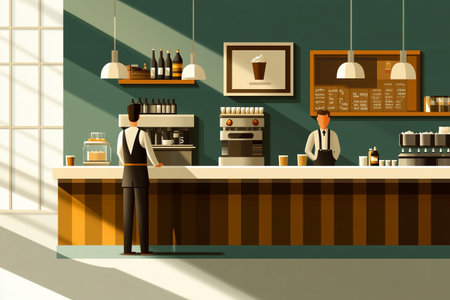 Barista prepares beverages in a modern cafe featuring a clean, minimalist aesthetic and ample natural lightの素材