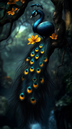 A peacock showcases its colorful feathers with eye-like patterns in a dense green forest during daylightの素材