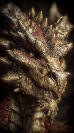A detailed dragon sculpture captures the fierce expression and textures of the mythical creature during a dimly lit display.の素材