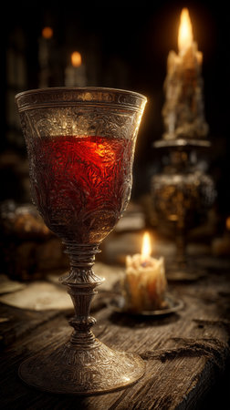 Detailed goblet stands prominently on a richly colored cloth, surrounded by flickering candlelight in a cozy atmosphere.の素材