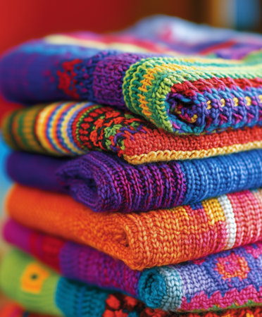 Vibrant knitted blankets arranged neatly, displaying a variety of colors and designs perfect for adding warmth to any space.の素材