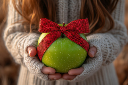 A girl offers a bright green apple adorned with a red ribbon, standing outdoors with long, wavy hair.の素材
