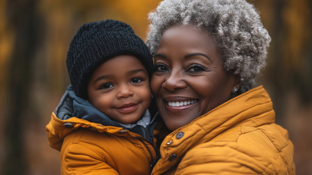 A grandmother and her grandson share a warm embrace on a bench surrounded by autumn foliageの素材