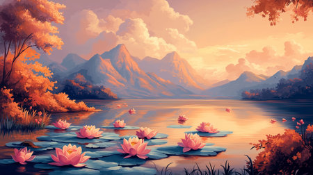 Lotus flowers bloom in shades of pink and white along a serene riverbank during sunset, surrounded by lush greeneryの素材