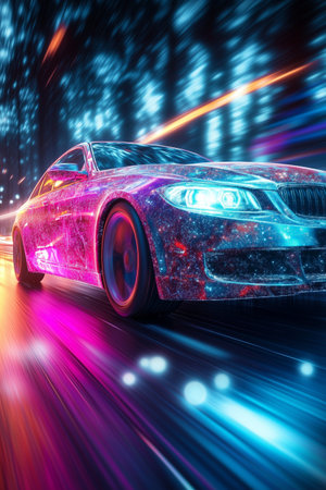 A sleek car speeds along a vibrant road illuminated by neon lights at night, showcasing a blend of technology and designの素材