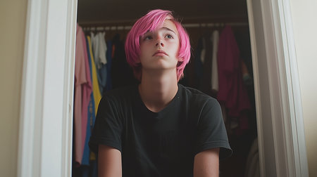 A young queer character hides in a closet, embodying the fear of coming out during a challenging time of self-acceptance.の素材