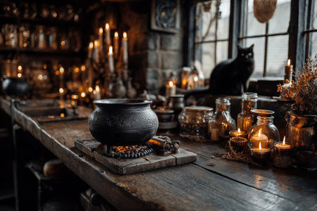 A black cat sits in a cozy potion shop, gazing at jars and candles illuminating the wooden shelves filled with curiosities.の素材