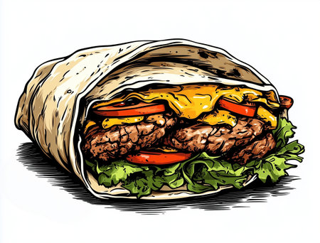 This illustration depicts a mouthwatering burger wrap filled with lettuce, cheese, and meat on a white backgroundの素材