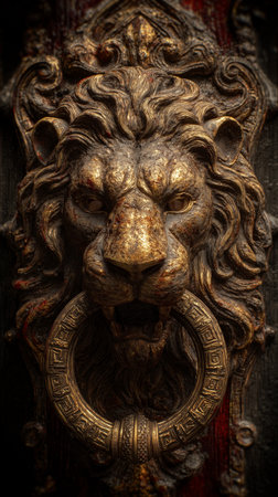 A detailed lion head door knocker adorns a weathered wooden door, showcasing craftsmanship and historic architecture.の素材