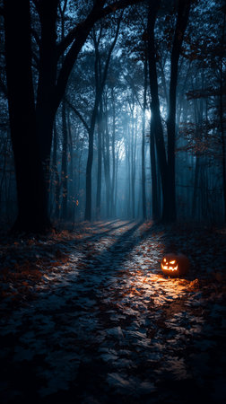 A carved pumpkin glows softly on a leaf-covered forest path at dusk, surrounded by dense trees and eerie shadows.の素材