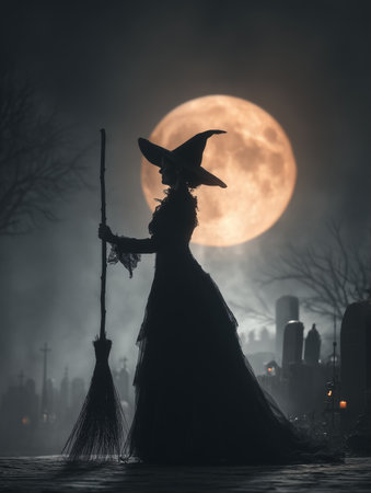 A witch stands in a foggy alley at night, holding a broom and gazing at the bright full moon above.の素材