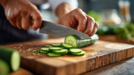 A chef skillfully slices cucumbers on a wooden cutting board surrounded by fresh vegetables in a cozy kitchen atmosphere.の素材