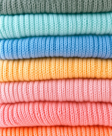 Cozy knitted sweaters in pastel pink, blue, and yellow are neatly stacked, offering warmth for the winter season.の素材