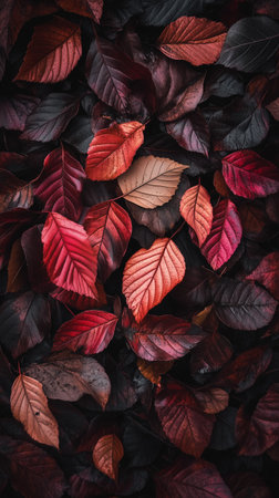 A variety of leaves in shades of orange, red, and blue cover the ground, showing the beauty of autumn foliageの素材