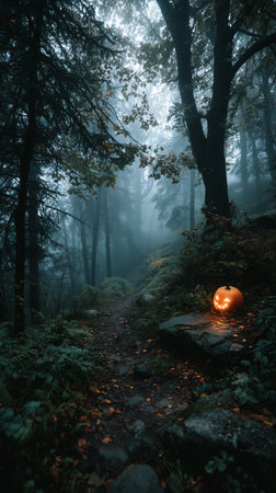 A carved pumpkin glows softly on a leaf-covered forest path at dusk, surrounded by dense trees and eerie shadows.の素材