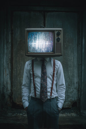 A person wearing a sweater has a static-filled television as his head in a minimalist room setting.の素材