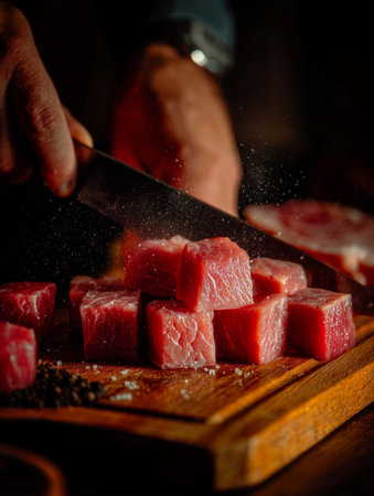 A cook skillfully slices fresh pork meat on a wooden board surrounded by herbs and fresh produce in a cozy kitchen.の素材