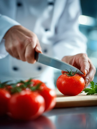 A chef skillfully slices cucumbers on a wooden cutting board surrounded by fresh vegetables in a cozy kitchen atmosphere.の素材