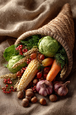 Fresh vegetables including corn, carrots, and lettuce are spilling from a woven cornucopia onto a textured fabric.の素材