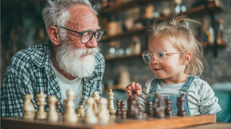 An elderly man and a young girl engage in a chess game at a warm and inviting cafe filled with wooden decor.の素材