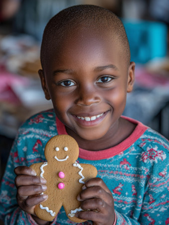 A cheerful boy wearing a festive sweater smiles brightly while holding a decorated gingerbread cookie at a holiday gathering.の素材
