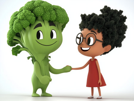 A young girl engages joyfully with a cartoon broccoli, showcasing a playful interaction.の素材