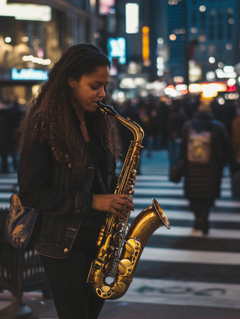 A talented saxophonist performs in a crowded city street, illuminated by colorful lights and bustling nightlife.の素材