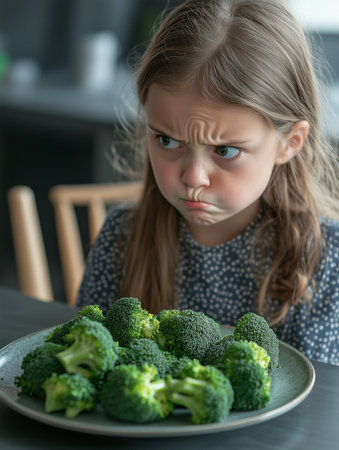 A young girl frowns while resting her chin on her hands, looking at a plate filled with broccoli in a kitchen.の素材