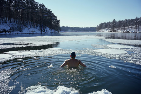 Man takes a swim in a glacial lake, surrounded by floating ice, under sunlightの素材