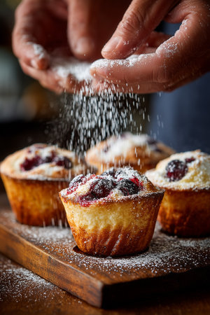 A close-up view of hands dusting powdered sugar atop warm muffins with a berry filling, creating a delightful presentation.の素材