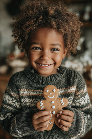 A cheerful boy with curly hair displays a gingerbread cookie while surrounded by holiday decorations, smiling happily.の素材