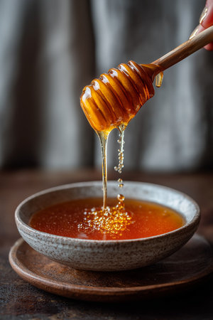 A hand holds a honey dipper over a bowl, allowing thick honey to drizzle down. Yellow honeycomb lies nearby.の素材