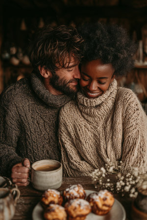 A couple shares a joyful moment in a bustling cafe, surrounded by friends, with delicious pastries and coffee in front of them.の素材