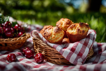 Muffins on a checkered blanket next to ripe cherries in a sunny outdoor park setting.の素材