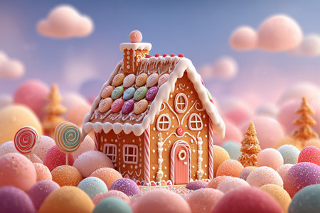 A charming gingerbread house stands amidst a vibrant candy landscape under a colorful sunset sky filled with soft clouds.の素材
