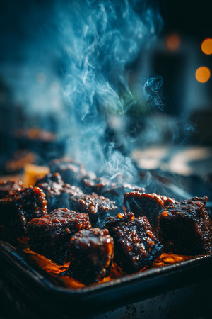 Tender pieces of meat sizzle on the grill, releasing savory smoke and inviting aromas during a warm summer afternoon.の素材