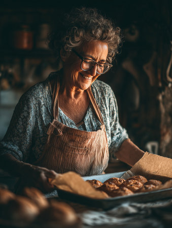 A happy elderly woman proudly holds a tray of freshly baked cookies in her rustic kitchen, surrounded by warm decor.の素材