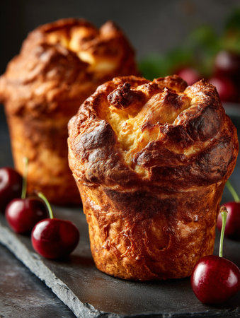 Freshly baked cherry muffins sit on a wooden board, garnished with ripe cherries, conveying a sense of warmth and indulgence.の素材