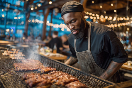 A chef skillfully grills various cuts of meat at a bustling outdoor venue, with patrons enjoying the atmosphere.の素材