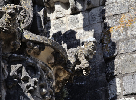 Ornate stonework adorns the walls of Convento de Cristo in Portugal, reflecting historical craftsmanship and natural wearの写真素材